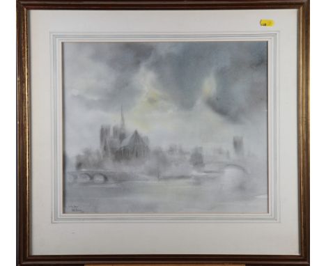 A watercolour, view of Notre Dame in the mist, signed and dated '68, in gilt frame, and four other watercolours, figure on st