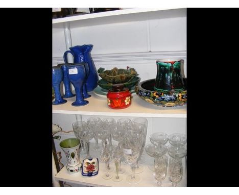 A pottery jug and goblet, Poole Pottery vase, together with collectable glass ware