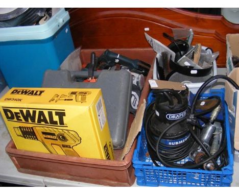 Three plastic tubs of useful tools including submergible pump, grinder