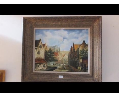 K ADAMS - oil on panel of Dutch street scene - 39cm x 49cm