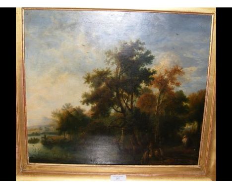 An early oil on panel - Copy of Landscape by P. Wouwerman depicting man on horseback in woodland scene with writing to the re
