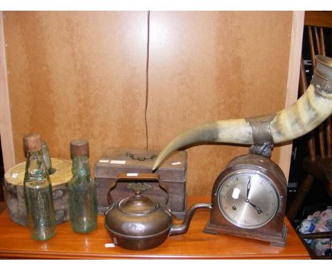 Various collectable including mounted horn, mantel clock etc
