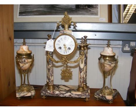 An antique French three piece clock set - 40cms highCONDITION REPORTno keyfew chips as per imagessplit to brass on one side g