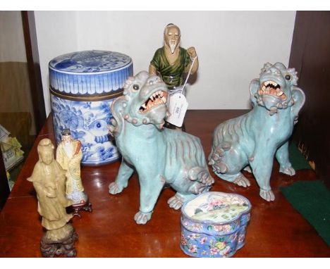 An Oriental tea caddy and cover, together with enamel jar and cover etc