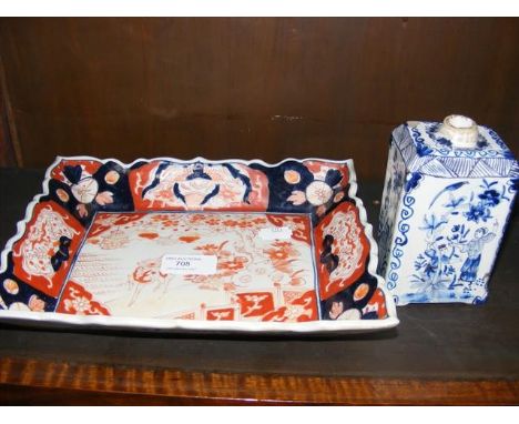 A rectangular Imari dish together with Chinese blue and white tea caddy