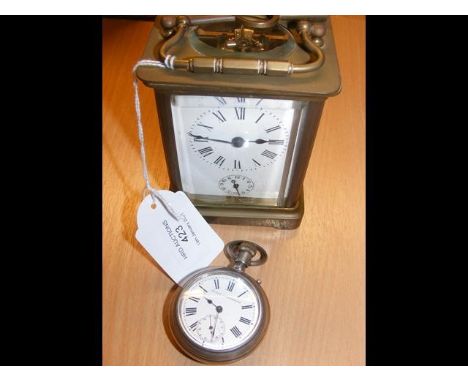 A French carriage clock together with a gents chronograph pocket watch