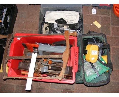 A Bosch sander together with cordless drill and plastic box of tools