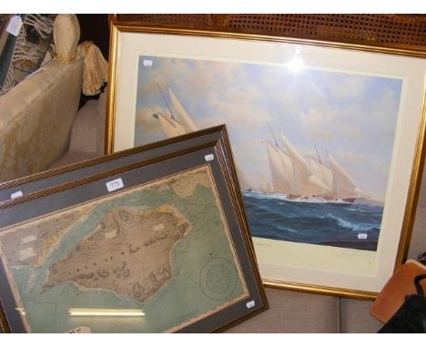 A Limited Edition sailing print by Couch, together with two Isle of Wight maps