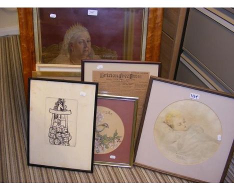 A Victorian print of Queen Victoria together with a selection of six other pictures