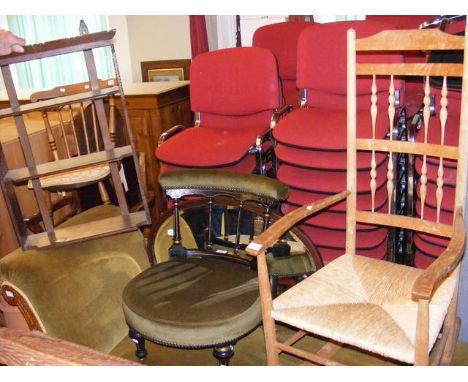 A rush seated rocking chair, nursing chair, oval mirror and wall shelf 