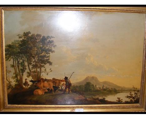 An early Dutch school painting on panel depicting farmer with cattle with lake and mountains in the distance - 43cm x 63cm, h