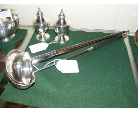 A silver toddy ladle with horn handle together with two others