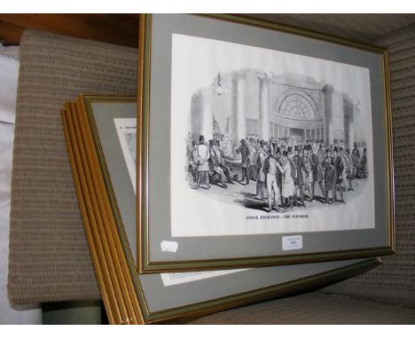 A set of six monochrome prints, stock exchange etc