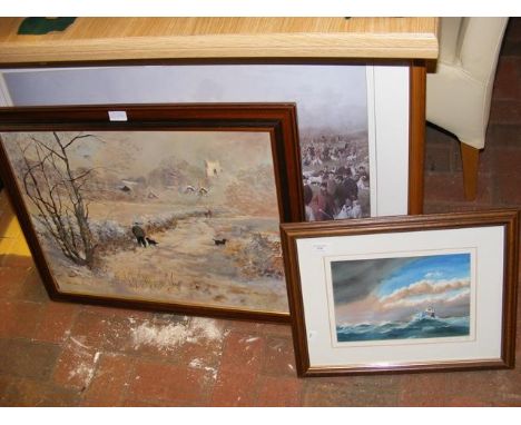 Large coloured print of hunting scene together with two other pictures