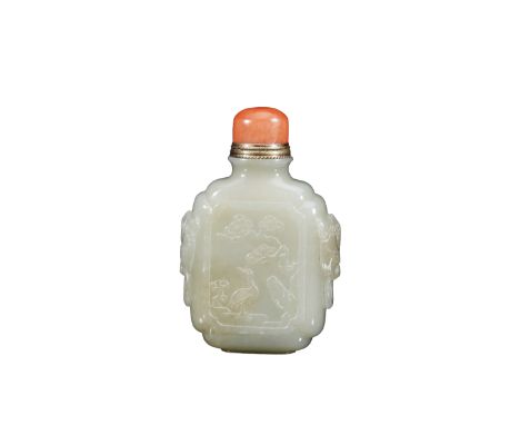 A Carved White Jade Snuff Bottle H:7cm W:4.5cm