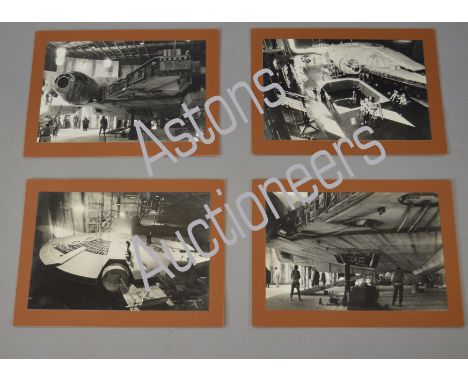 STAR WARS. 4 original black and white stills from behind the scenes of the making of the 1977 film "Star Wars; A New Hope". T
