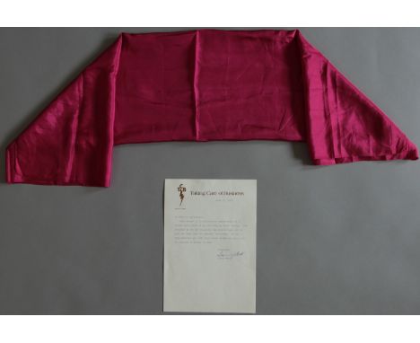 Elvis Presley worn maroon scarf given personally to Judy, Sonny West's wife. Complete with Sonny West signed original headed 