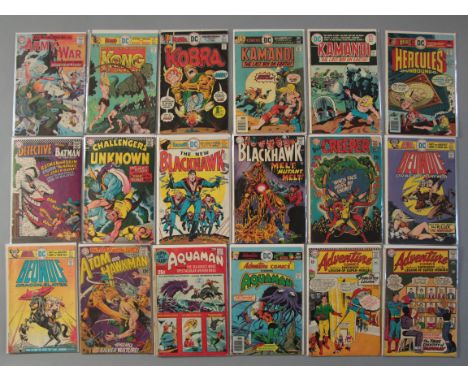 A Collection of 36 super hero comics to include; Adventure Comics Nos. 336, 351, 445. Aquaman Super DC Giant No. 26. Atom and