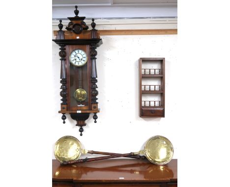 A lot comprising Austrian style mahogany cased wall clock, two brass and copper bed warming pans and wall hanging shelf (4) C