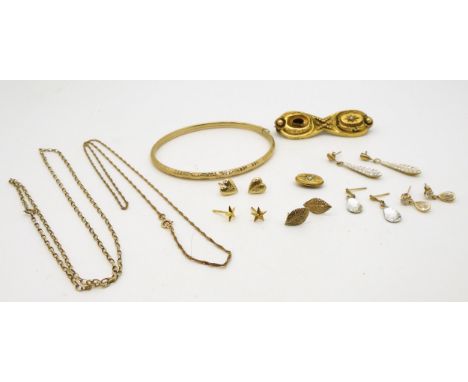 A 9ct gold bangle, together with a collection of gold and yellow metal to include chains and earrings, weight all together 16