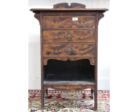 A 19th century walnut and satinwood veneered music cabinet with three drawers over open shelf, 87cm high x 57cm wide x 36cm d