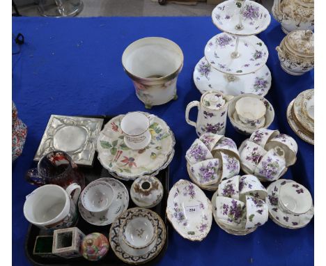 Assorted Hammersley violet decorated teawares together with a pair of French Nove plates, a teapot stand, early teabowls and 
