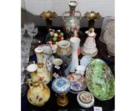 A Sevres style lidded pot and gilt metal stand, a satsuma vase, a Royal Doulton Balloon Lady, other figures, a Maling chrysan