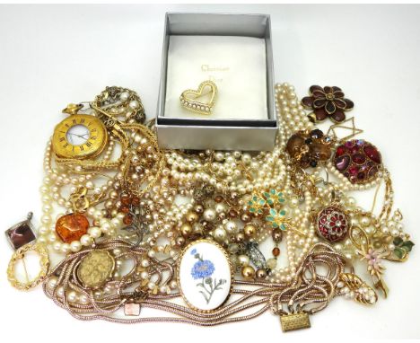 A heart shaped Christian Dior brooch in original box,&nbsp; silver and amber brooch, and pendant and a collection of vintage 