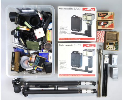 A large and varied selection of camera equipment, to include two boxed Metz Mecablitz 60 CT-1 outfits, heavy duty Slik Sl-67 