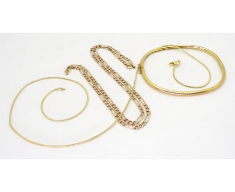 A 9ct gold bangle, together with a 45cm 9ct snake chain, and a 9ct&nbsp; 46cm, rose gold figaro chain, weight together 11.5gm