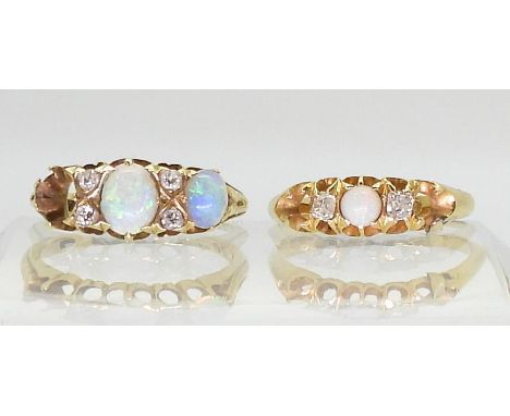 An 18ct gold opal and diamond ring (af) finger size K1/2, together with a further 18ct gold opal and diamond ring (two stones