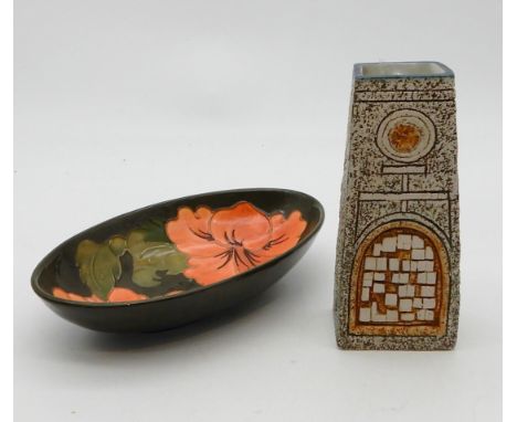 A Troika coffin vase by Louise Jinks, together with a Moorcroft Hibiscus pattern dish Condition Report:Available upon request