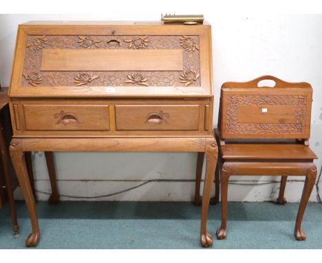 A lot comprising 20th century Oriental hardwood bureau, Oriental hardwood occasional table, folding magazine stand and a cont