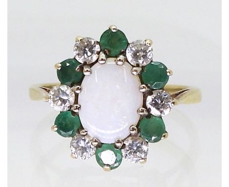 A 9ct gold emerald opal and cubic zirconia cluster ring, size J1/2, weight 2.1gms Condition Report:Available upon request