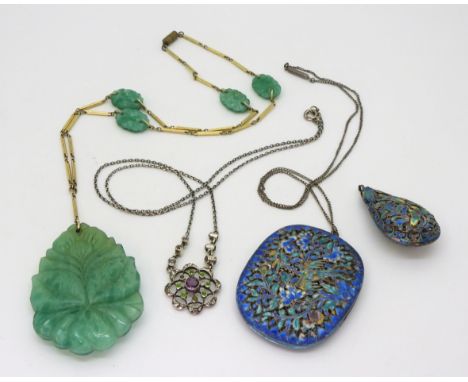 Four Jewels, a silver and paste set Suffragette pendant necklace, a costume baton link necklace with pressed green glass bead