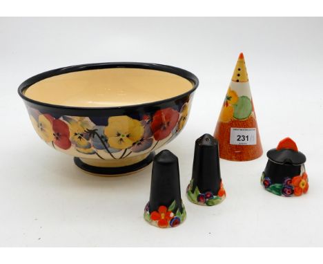 A Clarice Cliff Nasturtium pattern conical sugar shaker, together with a three piece My Garden pattern cruet set with black g