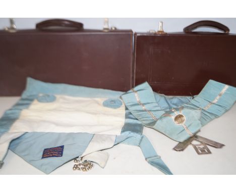 2 Masonic leather brief cases with apron, sash &amp; jewel