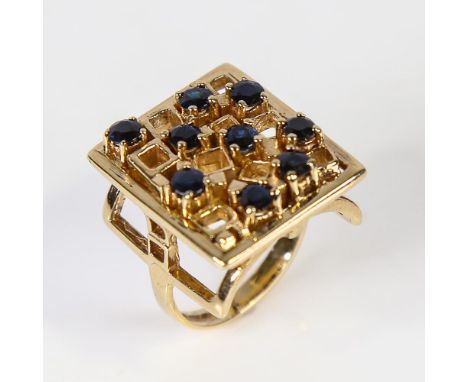 A 1970s 9ct gold sapphire abstract geometric panel dress ring, central panel with cube design set with round-cut sapphires, h