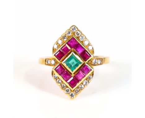 A late 20th century Continental 18ct gold emerald ruby and diamond geometric panel ring, set with square-cut emerald and ruby