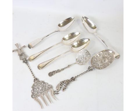 Various silver flatware, including large Dutch novelty windmill bread fork and serving spoon, German pastry slice, and 2 pair