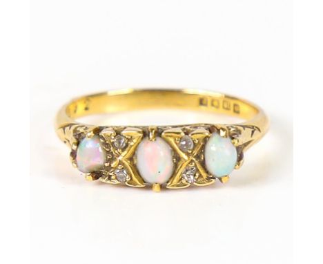 An early 20th century 18ct gold 7-stone opal and diamond half hoop ring, set with oval cabochon opals and rose-cut diamonds, 