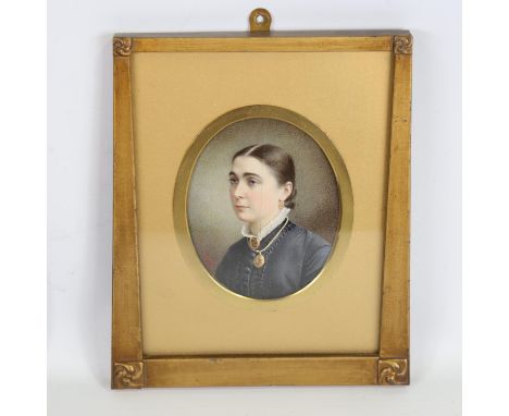 J A Innes, miniature watercolour, portrait of a lady, probably on card, signed and dated 1881, original gilt-metal frame, ove