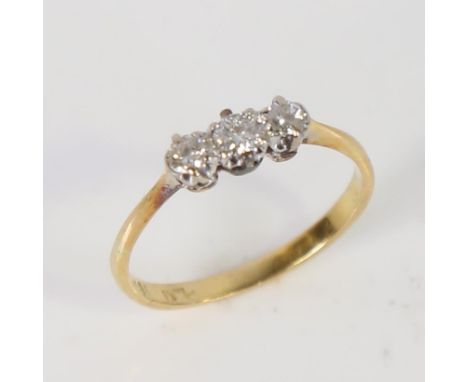 A mid-20th century 18ct gold 3-stone diamond ring, set with round brilliant-cut diamonds, total diamond content approx 0.2ct,