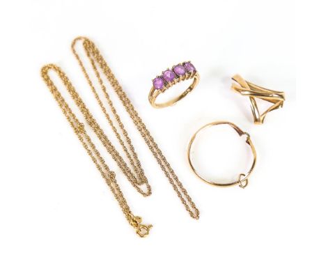 Various gold jewellery, comprising 9ct amethyst and diamond ring, size O, 2.6g, 9ct chain, length 60cm, 3.2g, and 2 unmarked 