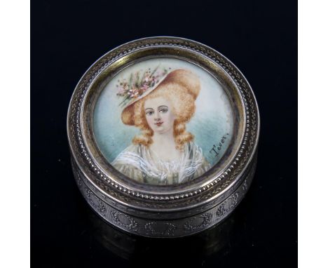 A French silver miniature portrait pillbox, circular form with allover engine turned decoration and miniature watercolour pai