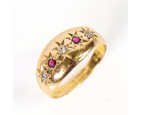 An early 20th century 18ct gold 5-stone ruby and diamond gypsy ring, set with round-cut rubies and rose-cut diamonds, hallmar