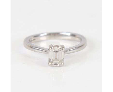 A GIA certified platinum 1.02ct emerald-cut solitaire diamond ring, plain 4-claw setting, colour approx H, clarity approx SI1