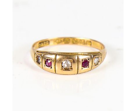 A Victorian 15ct gold 5-stone ruby and diamond dress ring, hallmarks Chester 1882, setting height 5.6mm, size M, 1.3gNo damag