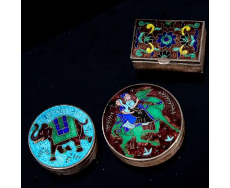 3 small unmarked white metal boxes, with enamel decorated lids, largest 4.5cm across 