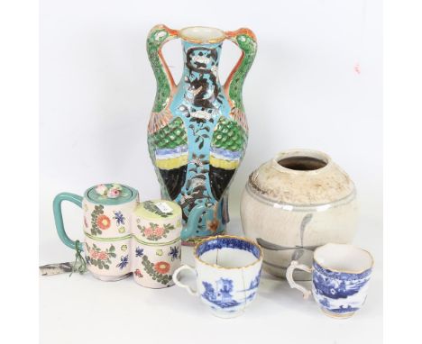 A group of Chinese porcelain items, including a double-bodied teapot, vase height 25cm (5) 